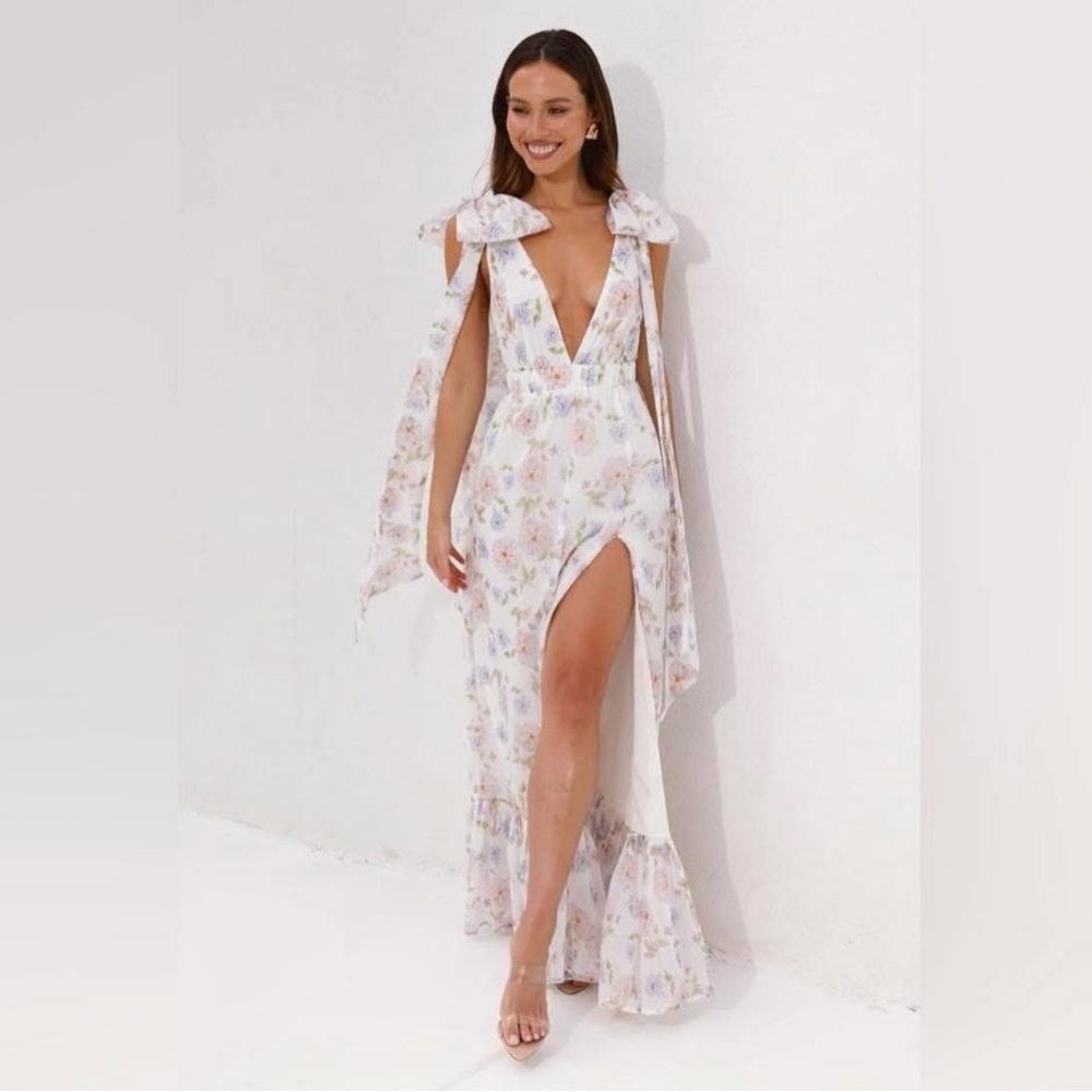 Hello Molly White Floral Maxi Dress with Pastel Print